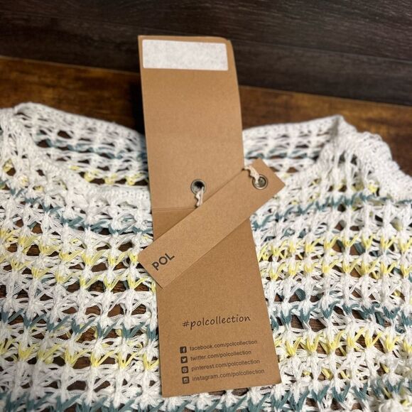 POL Crochet Mesh Knit Boat Neck Top, Fringe, Cream/Yellow/Blue. Small. NWT! - Picture 8 of 11